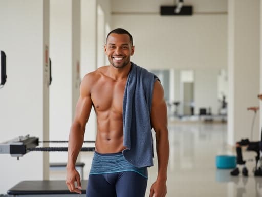 필라테스 스튜디오에서 수영복과 운동화를 착용하고 수영용 타올을 어깨에 걸친 30대 중반의 흑인 남성이 따뜻한 미소를 지으며 서 있습니다. 배경은 깔끔하고 현대적인 필라테스 스튜디오로, 피트니스 지향적인 환경을 강조합니다.
