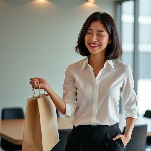 30대 초반의 동양인 여성이 세련된 블라우스와 슬랙스를 입고 쇼핑백을 들고 밝게 웃고 있는 모습, 회의 테이블이 배경으로 있는 사무실 환경에서 행복과 전문성을 발산하고 있습니다.