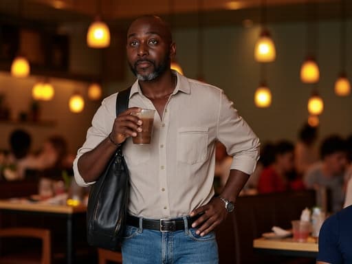 40대 중반의 아프리카계 남성이 캐주얼한 복장을 하고 아늑한 식당에서 음료를 즐기며 편안하고 평온한 표정을 짓고 있습니다. 배경에는 다른 손님들이 식사하는 모습이 있어 따뜻한 분위기를 연출합니다.
