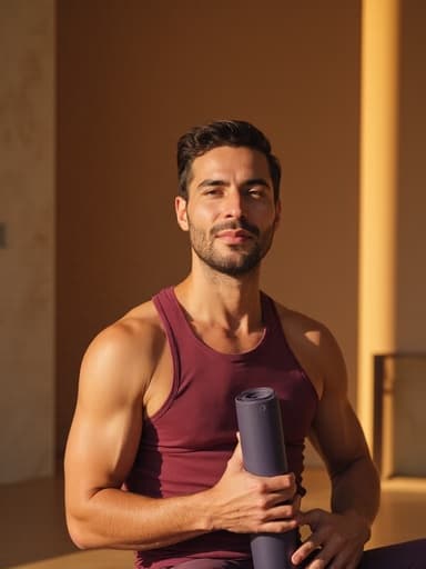 20대 후반의 라틴계 남성이 자연스러운 모습으로 편안한 요가복을 입고 있는 반신 사진입니다. 그는 무관심한 표정을 지으며 요가 매트를 운전하는 자세로 잡고 있습니다. 배경은 편안한 분위기의 스파 환경으로, 전체적인 차분한 분위기를 더욱 강조하고 있습니다.
