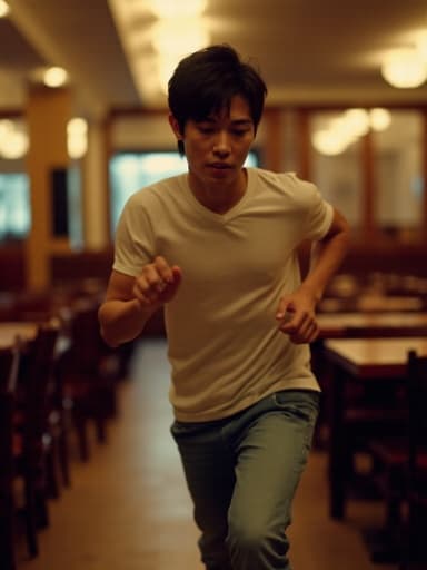 10대 후반의 아시아계 남성이 편안한 티셔츠와 청바지를 입고 따뜻한 조명이 비추는 레스토랑 내부에서 달리는 모습이 포착되었으며, 그의 얼굴에는 눈물이 흐르며 슬픈 표정을 지어 주변 사람들에게 도움을 요청하는 감정을 담고 있습니다.