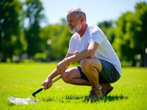 50대 초반의 백인 남성이 편안한 복장을 하고 공원에서 바닥을 청소하는 모습으로, 푸르른 잔디와 맑은 하늘에 둘러싸여 평온한 환경 보호에 대한 헌신을 나타내고 있습니다.