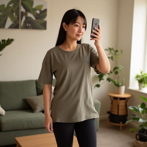 아늑한 거실에 있는 40대 중반의 한국인 여성, 편안한 운동복을 입고 스마트폰을 들고 카메라를 무관심하게 바라보며, 편안하고 매력적인 분위기를 만들어냅니다.