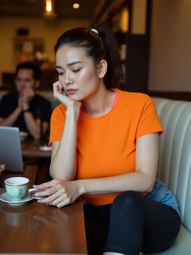 30대 후반의 동양인 여성이 밝은 색의 운동복과 검은색 레깅스를 입고 있는 반신 사진입니다. 그녀는 절망적인 표정을 지으며, 눈썹을 찡그리고 입술을 굳게 다물고 스마트폰을 들고 손으로 턱을 받치고 화면을 바라보고 있습니다. 배경은 아늑한 카페 내부로, 테이블 위에 커피잔과 노트북이 놓여 있으며, 주변에는 다른 손님들이 있어 사색과 좌절의 공감을 불러일으키는 분위기를 만들어냅니다.
