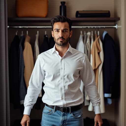 30대 중반의 중동계 남성이 깔끔한 셔츠와 청바지를 입고 불안한 표정으로 열린 옷장을 바라보는 반신 사진입니다. 그의 손은 자연스럽게 옆으로 내려져 있으며, 다양한 의상이 걸린 옷장 앞에서 선택에 대한 깊은 생각을 담고 있습니다.