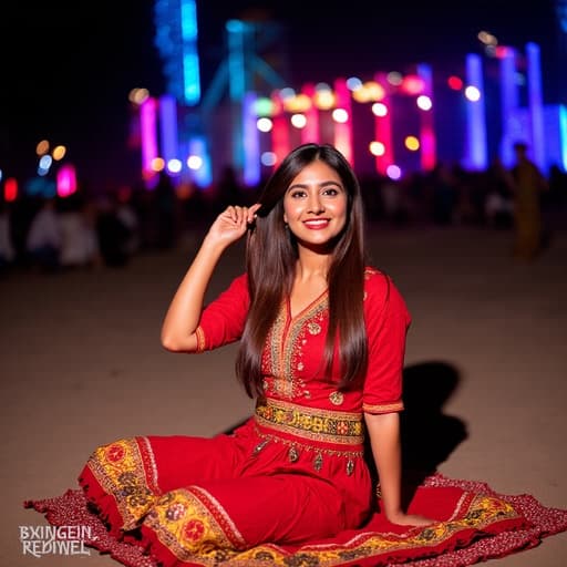 20대 후반의 중동계 여성이 전통적인 패턴의 화려한 축제 의상을 입고 바닥에 편안하게 앉아 즐거운 표정으로 머리카락을 만지작거리며 미소를 짓고 있습니다. 배경은 다채로운 조명과 사람들로 가득한 축제장으로, 그녀가 이 생동감 넘치는 장면의 중심 인물로 돋보이게 합니다.