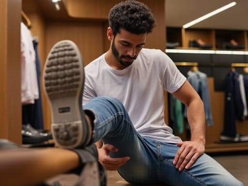 20대 후반 중동계 남성이 자연스러운 외모로 캐주얼한 티셔츠와 청바지를 입고 있는 반신 샷입니다. 그는 불안한 표정을 지으며 신발을 신기 위해 한 발을 들어 올리고 있으며, 트렌디한 패션 매장에서 다양한 신발이 진열된 배경이 있습니다.