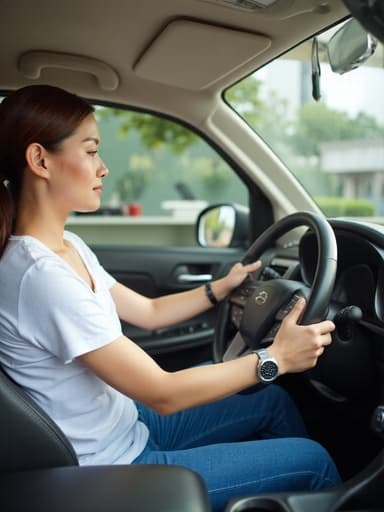 40대 중반의 자신감 넘치는 아시아계 여성이 편안한 티셔츠와 청바지를 입고 핸들을 단단히 잡고 있는 모습의 반신사진을 담고 있습니다. 배경은 창문이 있는 모던한 주방으로, 자연광이 가득 차 밝고 매력적인 분위기를 만들어냅니다. 이 장면은 모험을 위한 준비와 함께하는 힘찬 느낌을 전달합니다.