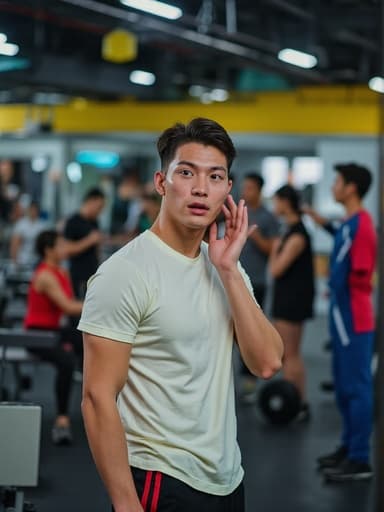 30대 중반의 아시아계 남성이 운동복을 입고 거울 앞에 서서 놀란 표정을 지으며 얼굴을 만지고 화장하고 있습니다. 배경은 운동 기구와 훈련하는 사람들로 가득 찬 활기찬 헬스장으로, 장면의 생동감을 더합니다.