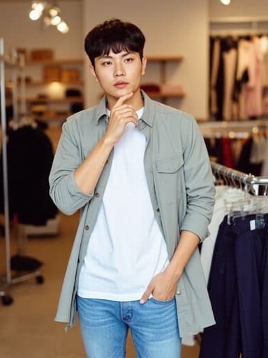 20대 초반의 한국 남성이 패션 매장에서 세련된 캐주얼 의상을 입고 서 있습니다. 흰 티셔츠, 청바지, 가벼운 재킷으로 구성된 그의 의상과 함께 고민하는 표정으로 턱에 손을 대고 생각에 잠겨 있습니다. 배경은 다양한 의류가 진열되어 있어 그의 트렌디한 룩을 더욱 돋보이게 합니다.