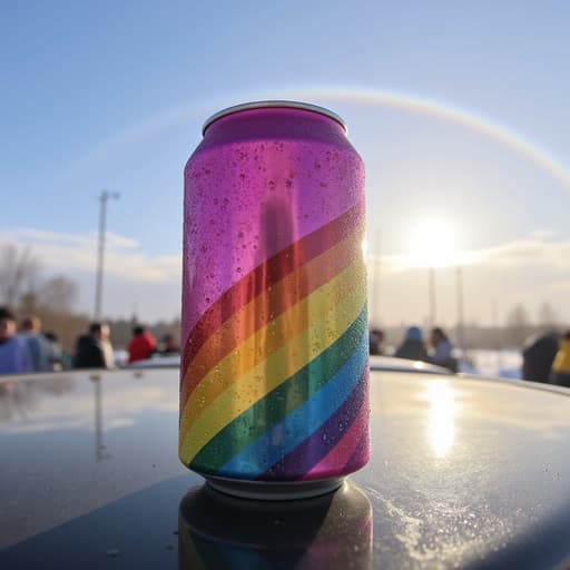 음료 캔, 무지개가 뜬 하늘, 밝고 쾌활하며 생기 있는