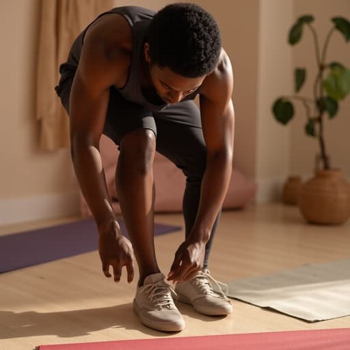 20대 초반의 흑인 남성이 편안한 운동복과 운동화를 착용하고 반신 촬영된 이미지입니다. 그는 우울한 표정을 지으며 한쪽 다리를 들어 신발을 신고 있는 모습으로, 아늑한 요가 스튜디오에서 부드러운 조명과 요가 매트가 어우러진 차분하면서도 반성적인 분위기를 자아냅니다.