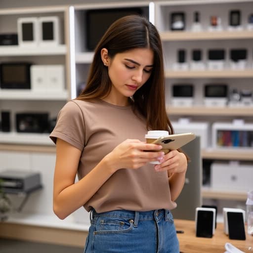 중동계 20대 중반의 여성의 반신 촬영으로, 편안한 청바지와 티셔츠를 입고 있으며, 커피 컵을 들고 스마트폰을 바라보며 실망한 표정을 짓고 있는 모습입니다. 전자매장이 배경으로 다양한 전자기기가 진열되어 있습니다.