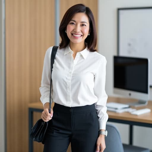 현대적인 사무실에서 자신감 넘치는 모습으로 서 있는 40대 중반의 동양인 여성, 깔끔한 블라우스와 정장 바지를 입고 매력적으로 미소 지으며 가방을 들고 있습니다. 배경은 세련된 책상과 컴퓨터가 있어 전문적인 분위기를 더합니다.