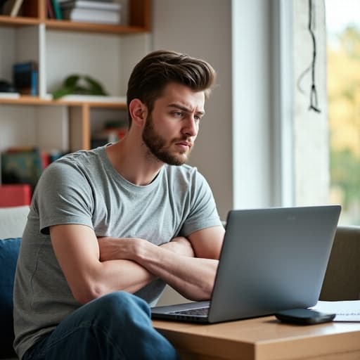 20대 중반의 백인 남성이 밝은 학원 소파에 앉아 편안한 티셔츠와 청바지를 입고 있습니다. 그는 팔짱을 끼고 노트북을 바라보며 짜증난 표정을 지어 학습 환경을 강조하고 있습니다.