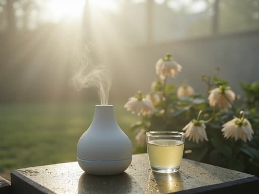 잔잔한 이른 아침 안개 낀 정원에 있는 아로마 디퓨저, 고요하고 차분한