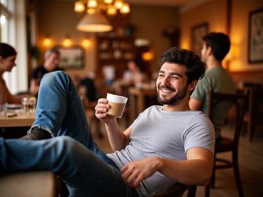 아늑한 카페에서 캐주얼한 티셔츠와 청바지를 입고, 한 손에 음료를 들고 다리를 뻗고 앉아 있는 젊은 라틴계 남성이 기쁜 표정을 지으며 친구들과의 축하 분위기 속에 있는 모습.