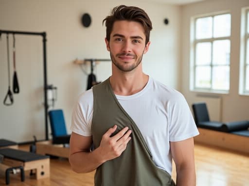 필라테스 수업을 위한 헐렁한 운동복을 입고 있는 10대 후반의 백인 남성이 밝은 필라테스 스튜디오에서 운동 기구들과 함께 자신감 있게 미소짓고 있는 모습으로, 편안하면서도 자신감 있는 피트니스 분위기를 잘 나타냅니다.