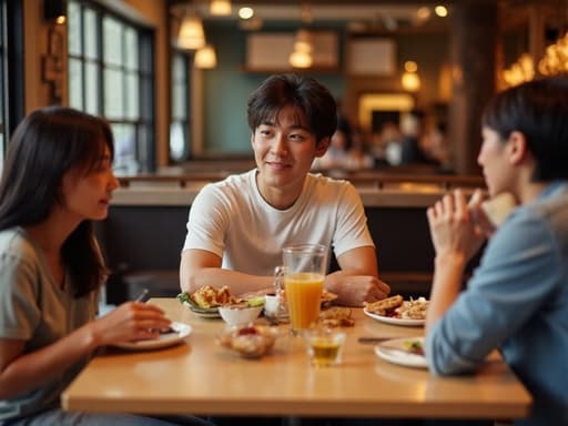 자연스러운 외모를 가진 10대 후반의 동양인 남성이 캐주얼한 티셔츠와 청바지를 입고, 아늑한 카페에서 친구와 함께 앉아 음식을 나누며 대화하고 있는 모습이 반신 촬영으로 담겨 있습니다. 테이블 위에는 다양한 음식과 음료가 놓여 있으며, 그의 진솔한 미소와 즐거운 표정은 이 아늑한 분위기 속에서의 연결감과 행복감을 잘 나타내고 있습니다.