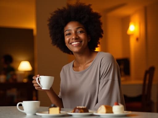 20대 초반의 아프리카계 여성이 아늑한 다이닝룸에서 커피를 즐기고 있습니다. 편안한 티셔츠와 청바지를 입고 자연스럽게 미소 지으며 커피 잔을 들고 있습니다. 따뜻한 조명과 다양한 커피잔, 디저트가 놓인 테이블이 아늑한 분위기를 만들어냅니다.
