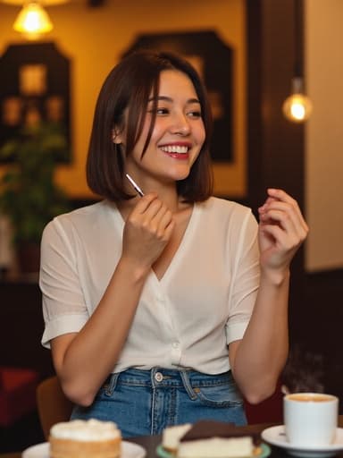 30대 초반의 백인 여성의 반신 사진, 캐주얼한 블라우스와 청바지를 입고 있습니다. 그녀는 따뜻한 미소를 지으며 한 손으로 얼굴에 화장품을 바르고 있습니다. 배경은 커피 잔과 간단한 디저트가 놓인 아늑한 카페의 내부로, 초대하는 듯한 분위기를 만들어냅니다. 조명은 부드럽고 자연스러워 장면의 즐거운 기분을 강조합니다.