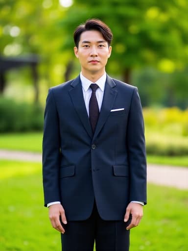 이 이미지는 30대 초반의 동양인 남성이 세련된 정장과 넥타이를 착용하고 푸른 잔디가 있는 공원에서 편안하게 서 있는 모습을 보여줍니다. 그의 자연스러운 모습과 우아한 표정은 생동감 넘치는 자연 배경 속에서 정장의 세련됨을 강조합니다.