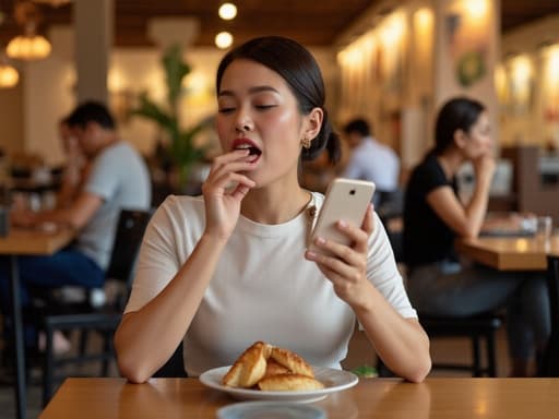 30대 중반의 동양인 여성이 캐주얼한 티셔츠와 청바지를 착용하고 긴장한 표정으로 음식을 먹고 있는 모습을 반신 샷으로 담고 있습니다. 한 손에는 스마트폰을 들고 있고, 다른 손으로 음식을 먹고 있는 모습이 아늑한 카페 배경과 함께 다양한 아트워크와 다른 손님들로 구성된 생동감 넘치고 친밀한 분위기를 만들어냅니다.