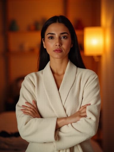 30대 중반의 중동계 여성이 편안한 스파 로브를 착용하고 팔짱을 끼고 지루한 표정을 짓고 있는 전신 사진. 배경은 부드러운 조명으로 밝혀진 아늑한 마사지샵 내부로, 그녀의 편안한 태도와 잘 어우러지는 따뜻한 분위기를 만들어냅니다.