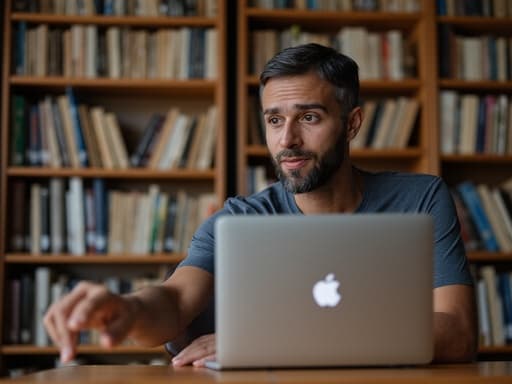 자연스러운 외모의 40대 초반 중동계 남성이 놀란 표정을 지으며 노트북을 바라보는 반신 사진, 정리된 책이 가득한 조용한 도서관을 배경으로 하고 있습니다.