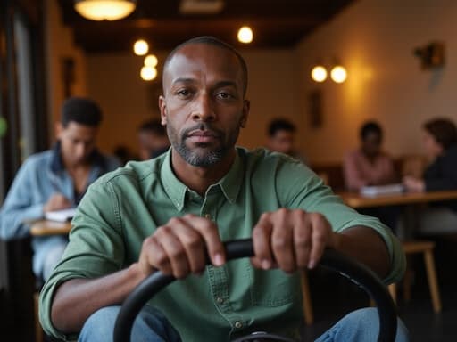 이 이미지는 캐주얼한 셔츠와 청바지를 입은 40대 중반의 아프리카계 남성이 운전대에 손을 올리고 집중하는 모습이 담긴 반신 촬영입니다. 배경은 다른 사람들이 공부하는 아늑한 카페 내부로, 따뜻하고 초대하는 분위기를 만들어냅니다.