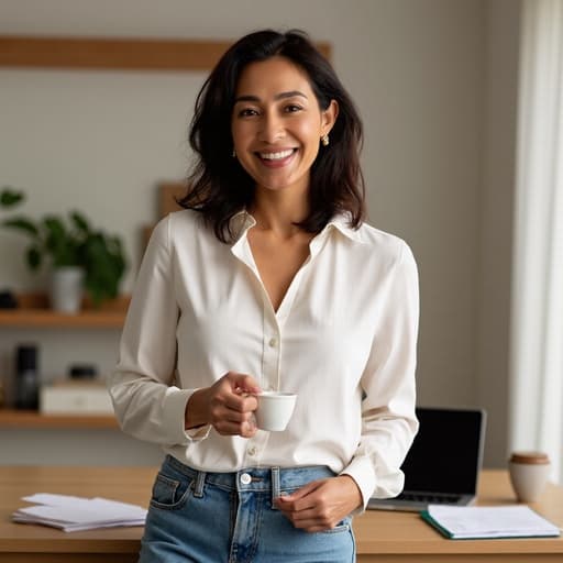 40대 중반의 중동계 여성이 편안한 블라우스와 청바지를 입고, 아늑한 집 사무실에서 커피를 여유롭게 마시며 따뜻한 미소를 짓고 있는 모습. 책상 위에는 노트북과 정리된 서류가 있습니다.