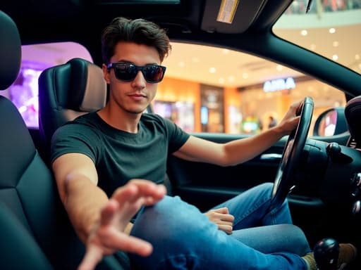 중동계 남성의 반신샷으로, 10대 후반의 자연스러운 외모를 지닌 그가 캐주얼한 티셔츠와 청바지를 입고 멋진 선글라스를 착용하고 있습니다. 그는 운전하는 자세로 스티어링 휠을 잡고 자연스럽게 미소를 지으며 여유로운 표정을 짓고 있습니다. 화려한 조명이 비추는 쇼핑몰의 내부가 배경에 보이며, 다양한 상점들이 있어 생동감 넘치는 분위기를 자아냅니다.
