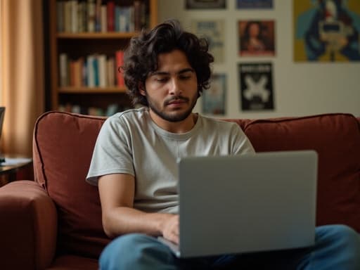 20대 후반의 혼혈 남성이 편안한 티셔츠와 청바지를 입고 아늑한 공부방의 소파에 앉아 있습니다. 그는 노트북을 바라보며 의기소침한 표정을 짓고 있으며, 주변에는 책장과 포스터로 꾸며진 따뜻한 분위기가 있습니다.
