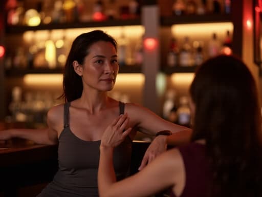 편안한 요가복을 입은 40대 중반의 한국인 여성이 친구와 대화하며 요가 자세를 취하고 있는 모습으로, 찡그린 표정으로 약간의 긴장감을 느끼고 있습니다. 분위기 있는 조명이 비춰지는 바에서의 친근하고 아늑한 만남의 순간을 담고 있습니다.