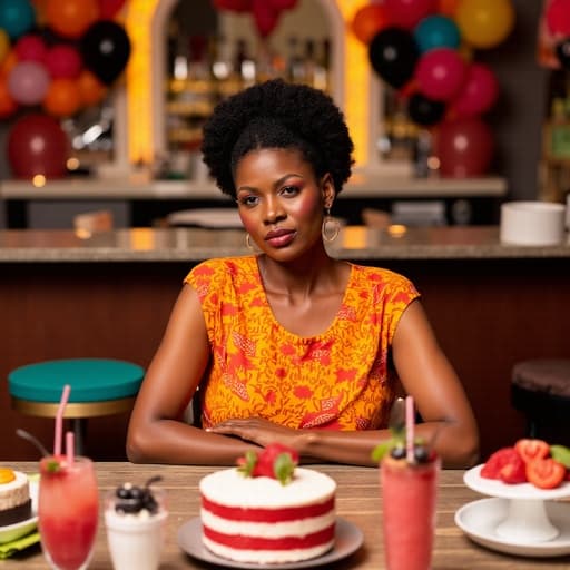 50대 초반의 흑인 여성이 화려한 생일 드레스를 입고, 케이크와 음료가 놓인 장식된 테이블에 앉아 불만스러운 표정을 짓고 있는 반신 사진. 생일 파티의 분위기 속에서 풍선과 장식들로 가득한 장면이 강조됩니다.