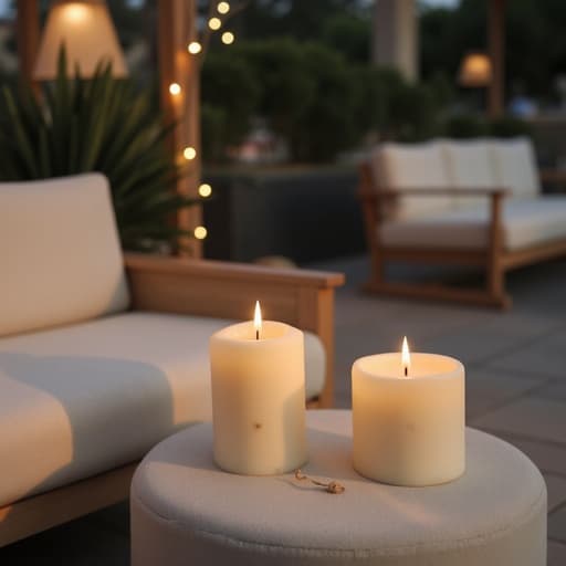 캔들, 부드러운 가구가 있는 우아한 테라스 설정, 자연스러운 녹지, 세련된 분위기, 분위기 있는