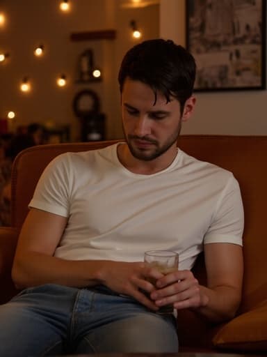 20대 중반의 유럽계 남성이 아늑한 레스토랑의 소파에 앉아 있으며, 캐주얼한 흰색 티셔츠와 청바지를 입고 슬퍼 보이는 표정을 지으며 눈물이 고여 있다. 그는 손에 음료를 들고 고개를 숙이고 있으며, 그의 앞 테이블 위에는 또 다른 음료가 놓여 있는 따뜻하고 아늑한 분위기 속에 있다.
