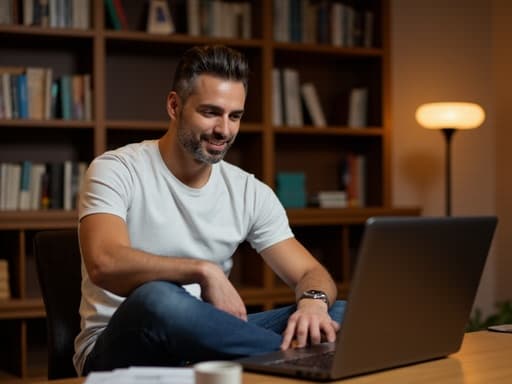 "편안한 티셔츠와 청바지를 입고 크로스 레그로 앉아 노트북을 바라보며 미소를 짓고 있는 30대 중반의 중동계 남성의 반신 사진. 배경은 아늑한 스터디룸으로, 책장이 있고 부드러운 조명이 따뜻하고 초대하는 분위기를 만들어냅니다."
