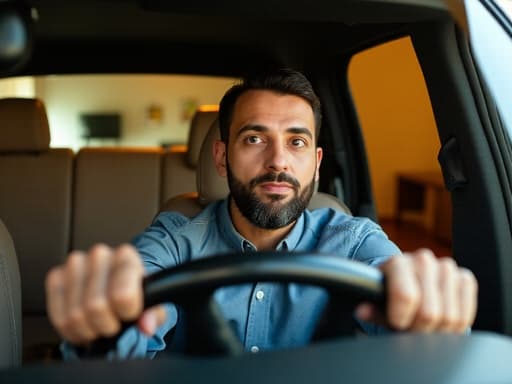 40대 초반의 중동계 남성이 캐주얼한 셔츠와 청바지를 입고 놀란 표정을 지으며 운전하는 모습의 반신 사진. 그의 손은 핸들을 잡고 있으며, 시선은 앞쪽을 향하고 있고, 따뜻한 느낌의 아늑한 거실 배경이 있습니다.