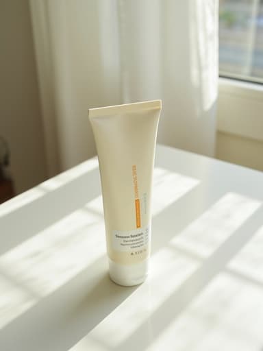 크리미한 질감의 미니멀한 병에 담긴 자외선 차단제가 아침 햇살이 창문을 통해 부드럽게 비치며 평화롭고 상쾌한 분위기를 만들어냅니다.