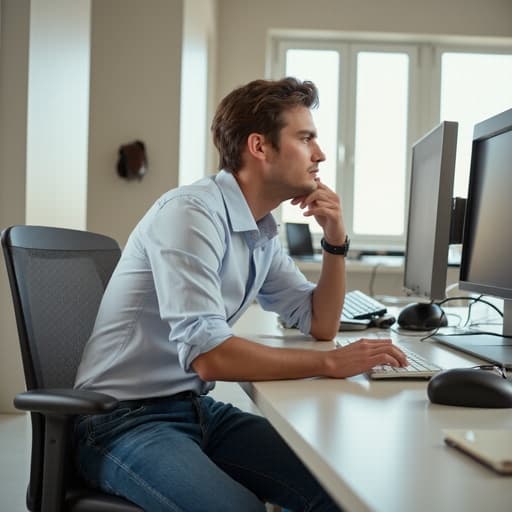 20대 후반의 유럽계 남성 모델이 사무실의 책상에 앉아 편안한 셔츠와 청바지를 입고 있습니다. 그는 팔을 살짝 구부린 자세로 키보드를 사용하며 무관심한 표정을 짓고 있어 집중하지 않는 상태를 나타냅니다. 배경에는 일반적인 사무실 환경이 보이며, 전문적이면서도 캐주얼한 분위기를 연출합니다.