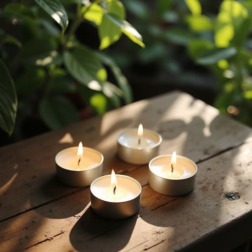 테이블 위에 있는 티라이트 캔들이 여름 숲속 오솔길과 푸른 풀로 둘러싸여 평화롭고 아늑한 분위기를 만들어냅니다.