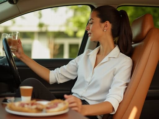 30대 초반의 중동계 여성이 깔끔한 블라우스와 캐주얼한 팬츠를 입고 있는 반신 사진. 그녀는 차분한 표정을 지으며 음료를 마시고 있으며, 한 손으로 음료를 들고 운전하는 자세를 취하고 있습니다. 배경은 아늑한 다이닝룸으로, 테이블 위에는 음료와 간단한 스낵이 놓여 있어 편안하고 세련된 분위기를 강조합니다.