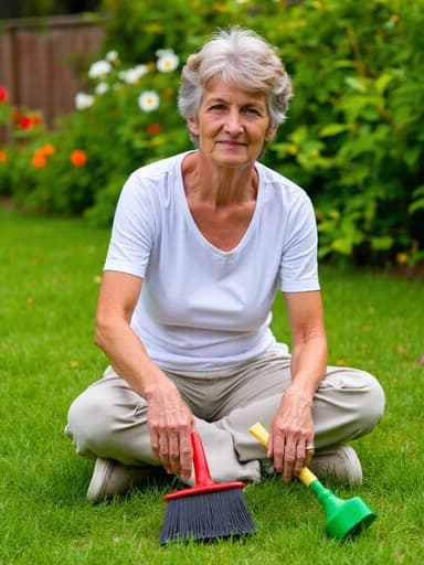 50대 초반의 아프리카계 여성의 반신 촬영으로, 다채로운 정원에서 편안하게 잔디에 앉아 있습니다. 그녀는 편안한 티셔츠와 면바지를 입고 있으며, 청소 도구를 들고 꽃들을 정리하고 있습니다. 그녀의 표정은 평온하고 편안하며, 정원 가꾸기 작업에 몰두하는 모습에서 평화롭고 만족스러운 느낌을 전달하고 있습니다. 배경은 푸른 잔디와 다양한 색상의 꽃들로 가득 차 있어 이 장면의 고요한 분위기를 더욱 돋보이게 합니다.