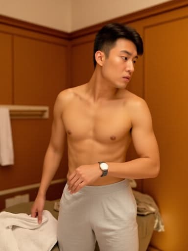 30대 초반의 한국 남성이 아늑한 마사지샵 내부에서 수건을 들고 수영복을 입으려는 모습으로, 약간의 실망한 표정을 짓고 있습니다. 따뜻한 조명과 아늑한 인테리어가 편안한 분위기를 더해줍니다.