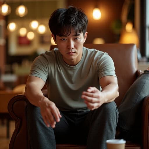 30대 중반의 한국인 남성이 아늑한 카페의 의자에 앉아 스트레칭을 하며 화난 표정을 짓고 있습니다. 캐주얼한 티셔츠와 운동복 바지를 입고 있는 그는, 부드러운 음악이 흐르는 따뜻하고 아늑한 카페의 분위기와 대조를 이루고 있습니다.