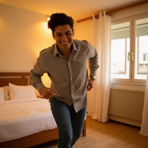 20대 초반의 중동계 남성이 캐주얼한 체크 무늬 셔츠와 편안한 청바지를 입고 반신 촬영된 모습입니다. 그는 친근한 미소를 지으며 긍정적인 감정을 표현하고 있으며, 아늑한 침실 환경에서 따뜻한 조명 속에 스포티한 달리는 자세를 취하고 있어 매력적인 분위기를 자아냅니다.