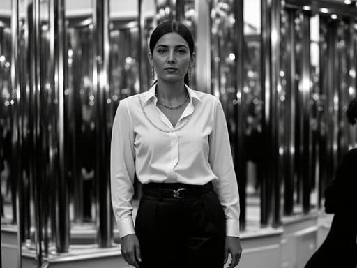 중동계의 50대 초반 여성의 반신 사진으로, 세련된 블라우스와 팬츠를 착용하고 손을 자연스럽게 내린 자세로 서 있습니다. 피곤한 표정을 지으며, 배경에는 거울로 된 방이 있어 그녀의 모습이 반사되어 시각적으로 매력적인 장면을 만들어냅니다.