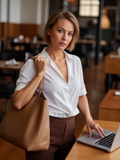 30대 중반의 라틴계 여성이 캐주얼한 블라우스와 슬랙스를 입고 어깨에 큰 가방을 메고 있는 반신 샷을 담고 있습니다. 그녀는 화난 표정으로 노트북을 조작하고 있으며, 편안한 분위기의 카페에서 나무 테이블과 의자를 배경으로 집중과 편안함이 어우러진 모습을 보여줍니다.