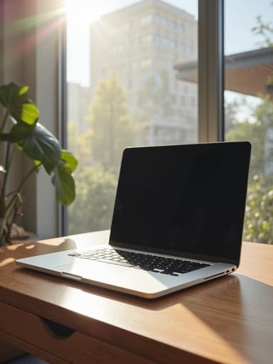 밝은 실내에 나무 책상 위에 놓인 세련된 현대식 노트북, 자연광이 들어와 차분하고 생산적인 분위기를 만들어냅니다.